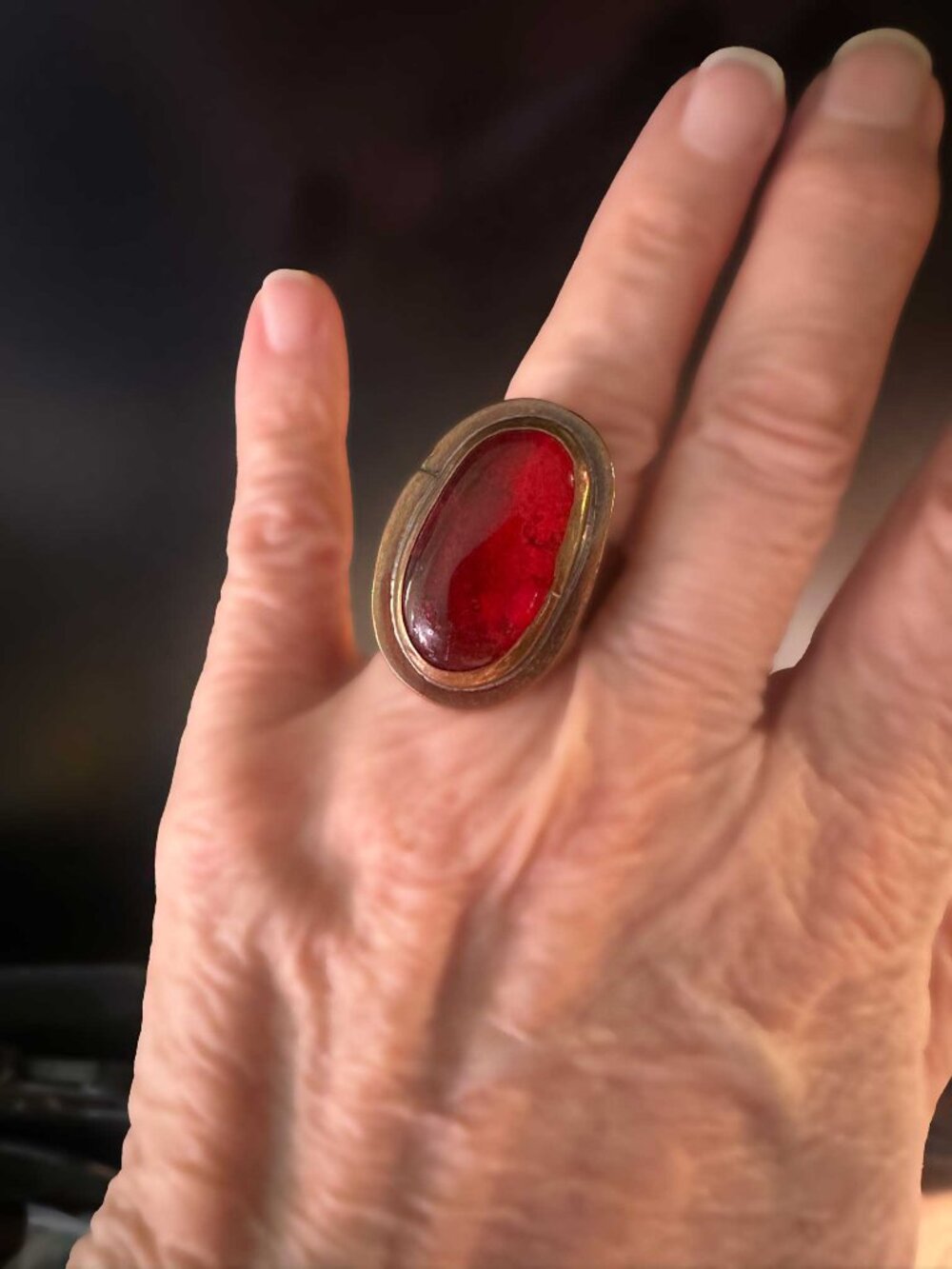 70s Rafael Alfandary Bold Copper Adjustable Ring with Red Murano Glass Cabochon